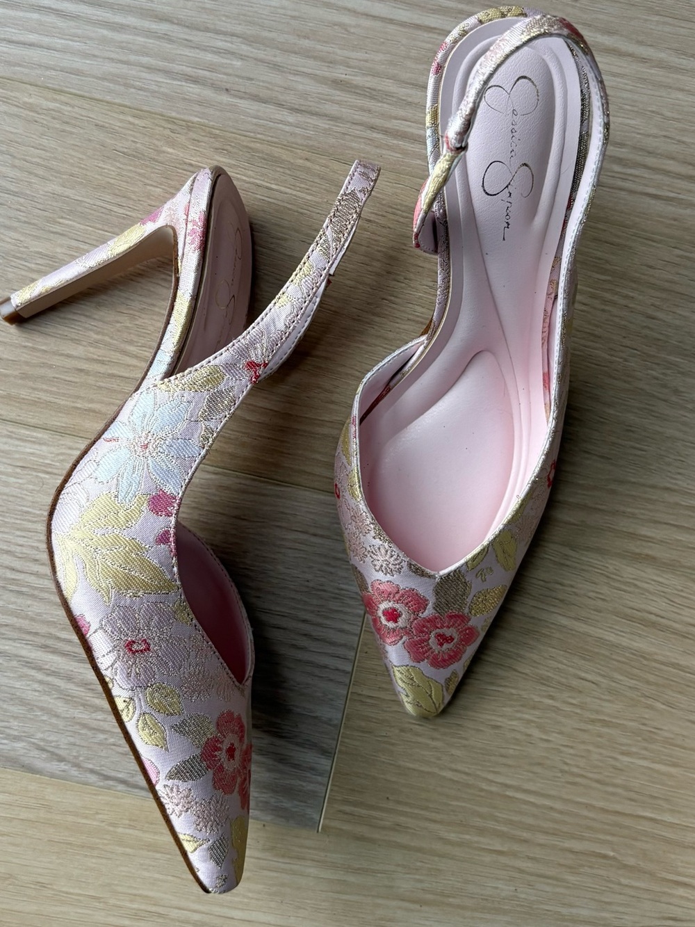 Pink Floral Embroidered Slingback Heels